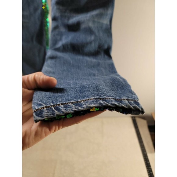 Machine Jeans Nouvelle Mode Straight Leg Distressed Sz 25 Green Sequins Italy 39 - Picture 4 of 8
